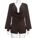 Deep V-neck long sleeved top with pleats, paired with three part shorts set J26ST411