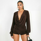 Deep V-neck long sleeved top with pleats, paired with three part shorts set J26ST411