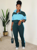 Color blocked Polo collar button half sleeve striped micro flared pants two-piece set HR26036