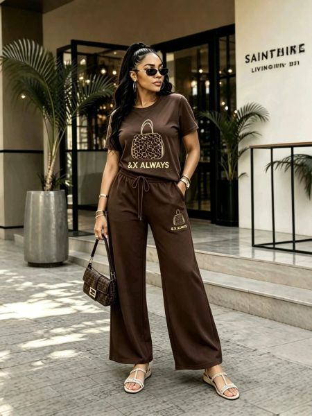 Diamond hot short sleeved wide leg pants two-piece set S1077577700836