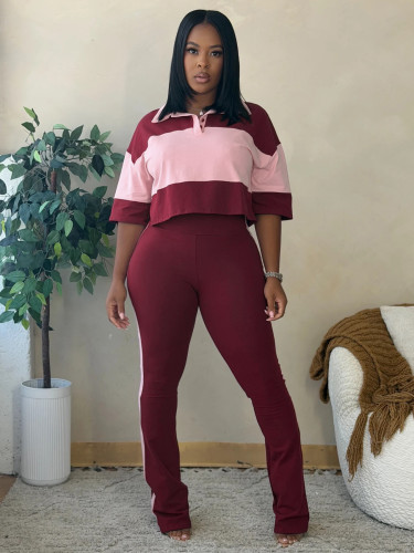 Color blocked Polo collar button half sleeve striped micro flared pants two-piece set HR26036