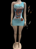Printed cross shoulder tight dress FC1519
