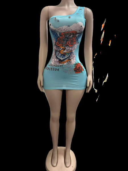 Printed cross shoulder tight dress FC1519