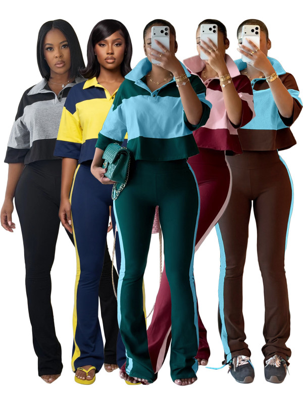 Color blocked Polo collar button half sleeve striped micro flared pants two-piece set HR26036