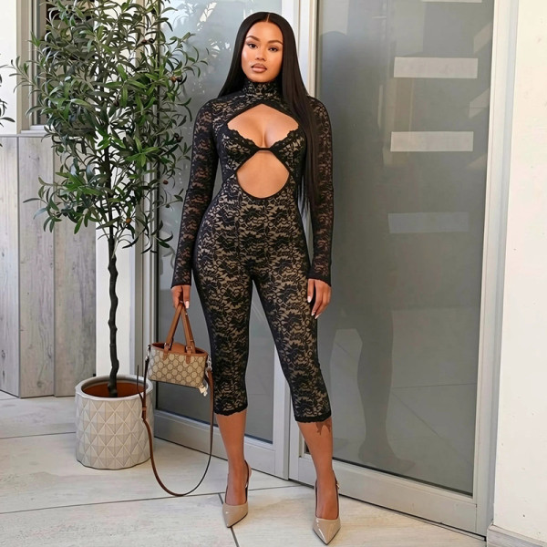 Fake two-and-a-half high necked lace hollow out long sleeved seven part jumpsuit pants D26JP337