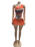 Printed cross shoulder tight dress FC1519