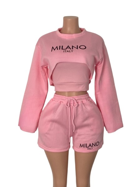 Large letter printed long sleeved cover shirt+inner vest+drawstring shorts three piece set S1076990631737