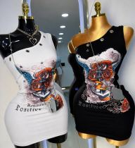 Printed cross shoulder tight dress FC1519 Printed cross shoulder tight dress FC1519