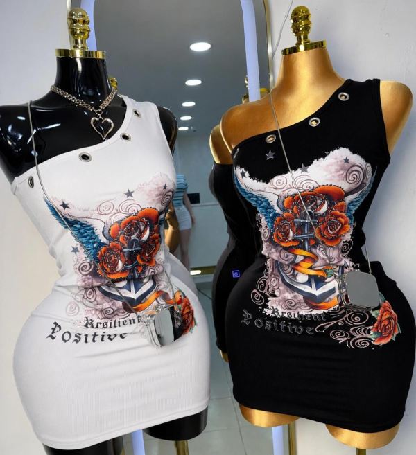 Printed cross shoulder tight dress FC1519