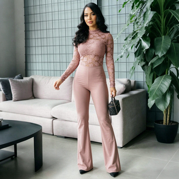 Half high collar lace patchwork long sleeved one-piece micro flared pants D26JP312