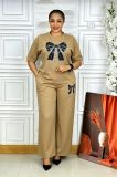 Large round neck short sleeved rhinestone bow wide leg pants set S1077236420325
