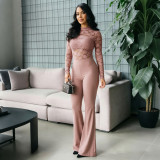 Half high collar lace patchwork long sleeved one-piece micro flared pants D26JP312