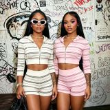 Long sleeved hooded striped cardigan T-shirt shorts set MH1046