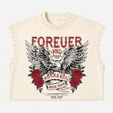 Printed hand drawn rivet round neck loose short T-shirt top MH1040-2