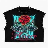 Printed hand drawn rivet round neck loose short T-shirt top MH1040-2