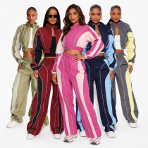 Color blocking splicing, zip up waist, zipper top, straight leg pants, pull rope two-piece set YS8022 Color blocking splicing, zip up waist, zipper top, straight leg pants, pull rope two-piece set YS8022