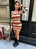 Retro striped knitted square neck long sleeved hip hugging dress MH1057