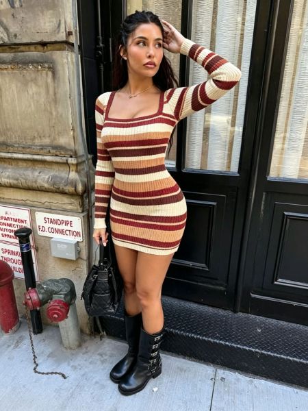 Retro striped knitted square neck long sleeved hip hugging dress MH1057