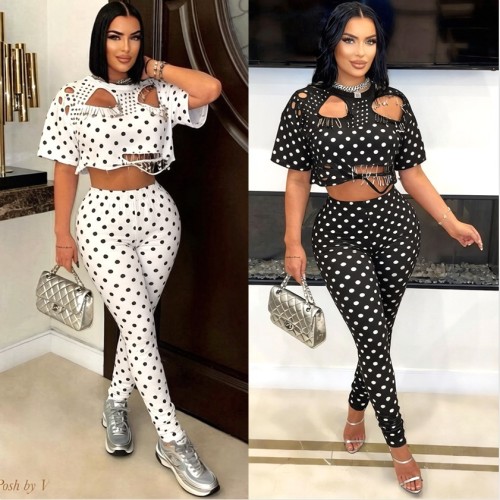 Printed round neck puncture pin short T-shirt two-piece set (including pin) Y8032