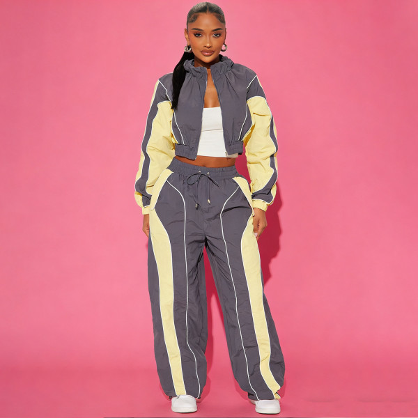Color blocking splicing, zip up waist, zipper top, straight leg pants, pull rope two-piece set YS8022
