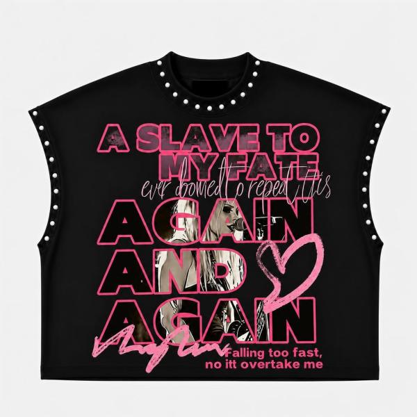 Printed hand drawn rivet round neck loose short T-shirt top MH1040-2