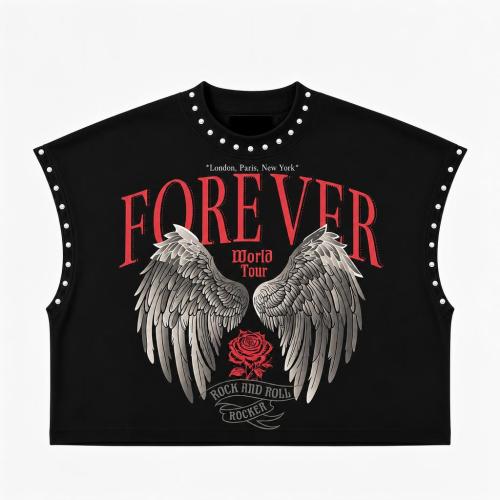 Printed hand drawn rivet round neck loose short T-shirt top MH1040-1