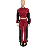 Color blocking splicing, zip up waist, zipper top, straight leg pants, pull rope two-piece set YS8022