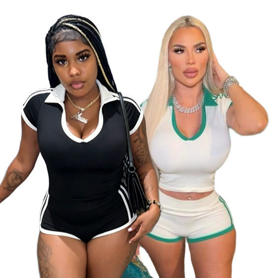 V-neck shoulder short sleeved T-shirt waist cinching sports suit MH1035