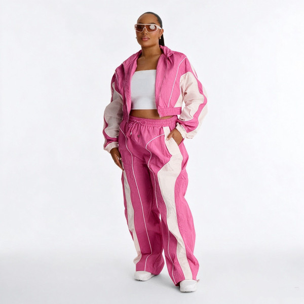 Color blocking splicing, zip up waist, zipper top, straight leg pants, pull rope two-piece set YS8022