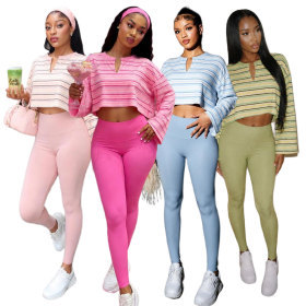 Striped V-neck short sleeved top and pants set MH1053O