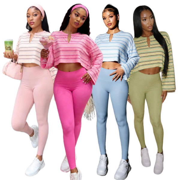 Striped V-neck short sleeved top and pants set MH1053O