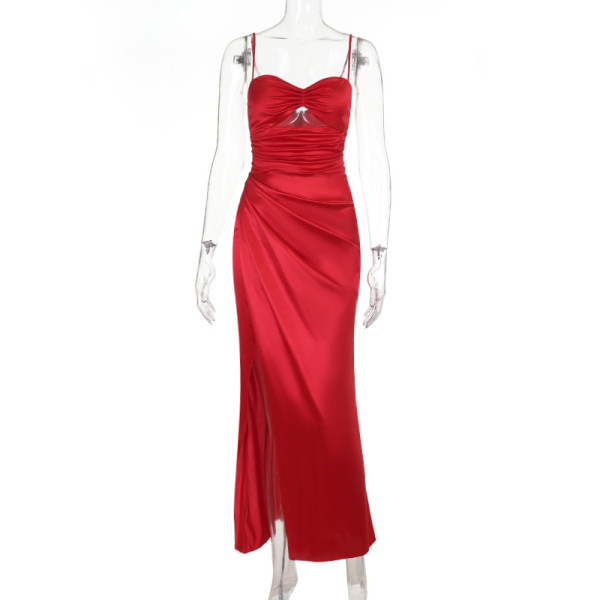 Satin thin suspender dress, long skirt with twisted chest, hollowed out slit fish tail dress ST26018PFO