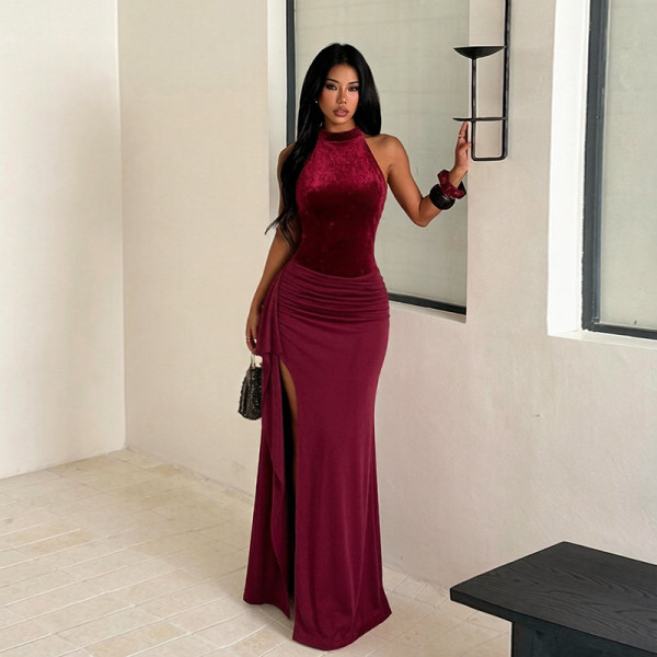 Hanging neck sequin slit pleated dress YJ26427