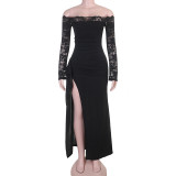 Off shoulder lace patchwork long dress with side slit, floating ribbon, fish tail long skirt CF26166DGO
