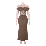 Lace patchwork one shoulder long skirt with buttocks wrapped fish tail dress YL26257