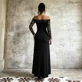 Off shoulder lace patchwork long dress with side slit, floating ribbon, fish tail long skirt CF26166DGO