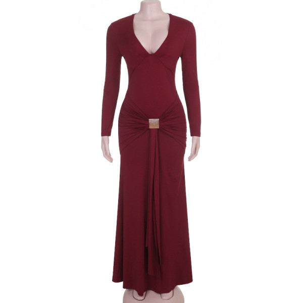 Deep V-neck long sleeved fishtail skirt with metal square buckle twisted skirt YJ26254DGO