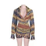 V-neck long sleeved waist hugging short skirt XY26436MHO