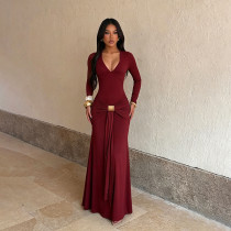 Deep V-neck long sleeved fishtail skirt with metal square buckle twisted skirt YJ26254DGO Deep V-neck long sleeved fishtail skirt with metal square buckle twisted skirt YJ26254DGO