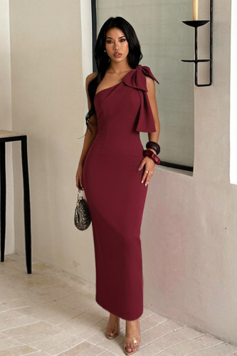 Slanted shoulder large bow mid length dress, hip hugging formal dress YJ26252DGO