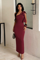 Slanted shoulder large bow mid length dress, hip hugging formal dress YJ26252DGO Slanted shoulder large bow mid length dress, hip hugging formal dress YJ26252DGO