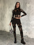High needle thick hollow out long sleeved top and pants set H7121