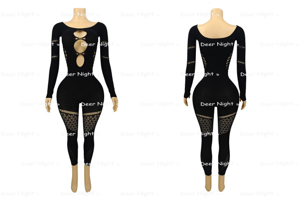High stretch knitted jumpsuit with hollowed out chest exposed long sleeved tight fitting garment H7106