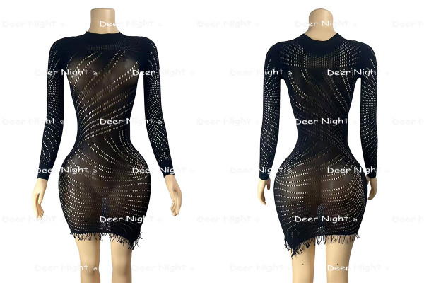 Thickened knitted mesh see through hip skirt with tassel round neck long sleeved dress H7139