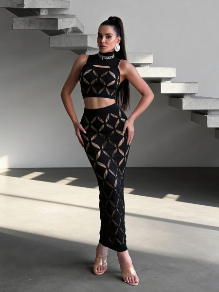 Hollow out thickened high neck tight fitting clothing bag hip skirt two-piece set H7113