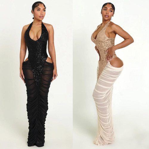 High slit mesh splicing pleated sequin strap hanging neck dress skirt K3863