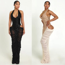 High slit mesh splicing pleated sequin strap hanging neck dress skirt K3863 High slit mesh splicing pleated sequin strap hanging neck dress skirt K3863