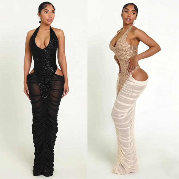 High slit mesh splicing pleated sequin strap hanging neck dress skirt K3863