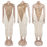 High slit mesh splicing pleated sequin strap hanging neck dress skirt K3863