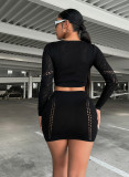 Black Pearl Hollow Knitted Two piece Bag Hip Skirt H7104